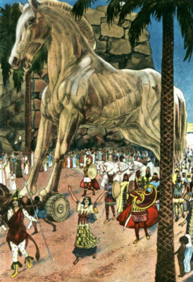 The people of Troy watch and celebrate as the enormous wooden horse
is dragged back to their city.