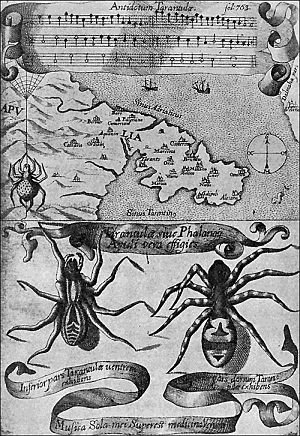 Some early medical entomology. Athanasius Kircher's illustration of the Italian tarantula
and the music prescribed as an antidote for the poison of its bite. (1643).