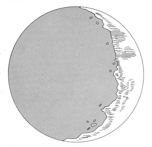 the indentation of the terminator and illuminated summits of mountains in the dark part
of the moon