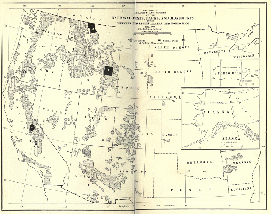 Map showing the National
Forests, Parks, and Monuments of the United States